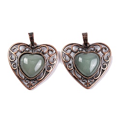 Green Aventurine Natural Green Aventurine Peach Love Heart Pendants, Rack Plating Brass Hollow Heart Charms, Cadmium Free & Lead Free, Red Copper, 29.5x30.5x7.5mm, Hole: 7.5x5mm