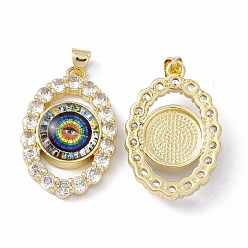 Colorful Rack Plating Brass Micro Pave Clear Cubic Zirconia Pendants, with Resin, Real 18K Gold Plated, Long-Lasting Plated, Cadmium Free & Lead Free, Oval with Evil Eye, Colorful, 29x19.5x7mm, Hole: 4x3mm
