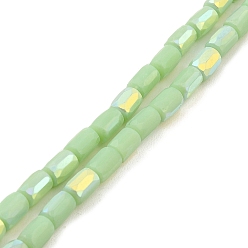 Light Green Frosted Imitation Jade Glass Beads Strands, AB Color Plated, Faceted, Column, Light Green, 6.5x4mm, Hole: 1mm, about 80pcs/strand, 20.39''(51.8cm)