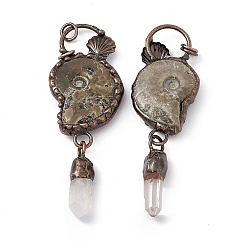 Fossil Natural Fossil Big Pendants, Shell Charms with Faceted Bullet, with Rack Plating Red Copper Tone Brass Findings and Quartz Crystal, Cadmium Free & Lead Free, 101~110mm, Ring: 9x1.5mm, Hole: 6mm