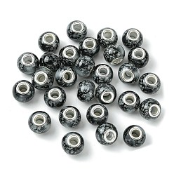 Black Two Tone Glass European Beads, Large Hole Beads, with Silver Tone Brass Double Cores, Rondelle, Black, 15x11mm, Hole: 5mm