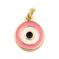Ярко-Розовый Латунь эмаль прелести, плоский круглый с рисунком сглаза, с целью перехода в кольце, без свинца и без кадмия, долговечный, реальный 18 k позолоченный, стойки покрытие, ярко-розовый, 12x10x2 мм, отверстие : 3 мм