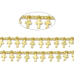 Real 18K Gold Plated Handmade Brass Curb Chains, with Cross  Charms, Soldered, with Spool, Real 18K Gold Plated, Link: 3x2x0.7mm