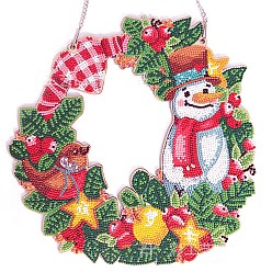 Snowman Christmas Wreath DIY Diamond Painting Pendant Decoration Kits, Including Wood Boards, Curb Chains, Resin Rhinestones, Diamond Sticky Pens, Tray Plates and Glue Clay, Snowman, 300x300mm