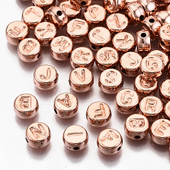 Rose Gold CCB Plastic Beads, Horizontal Hole, Flat Round with Letter, Rose Gold, 7x4mm, Hole: 1.8mm, about 3300pcs/500g