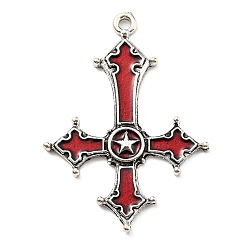 Antique Silver Plated Alloy Big Pendants, Red, Cross, Antique Silver, 53x38x3mm, Hole: 2.7mm