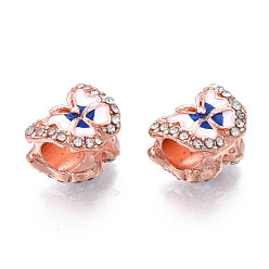 Розовое Золото Стойки покрытие сплава европейские шарики, бусины с большим отверстием, с хрустальными стразами и белой и синей эмалью, без кадмия, без никеля и без свинца, бабочка, розовое золото , 9x12.5x9 мм, отверстие : 4.5 мм