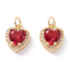 Crimson Brass Micro Pave Cubic Zirconia Charms, with Jump Ring, Long-Lasting Plated, Heart, Real 18K Gold Plated, Crimson, 12.5x10x6.5mm, Hole: 3.6mm