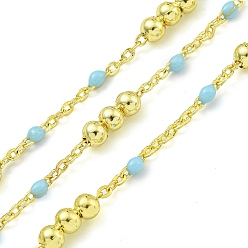 Светло-Голубой Цепочка из латунных эмалевых круглых бусин, пайки, с катушкой, долговечный, без кадмия и без свинца, реальный 18 k позолоченный, Небесно-голубой, 12x3.5 мм