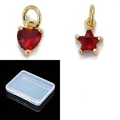 Red 12Pcs 2 Styles Brass Micro Pave Cubic Zirconia Charms, Real 18K Gold Plated, Red, 8~8.5x5~7x3.5~4mm, Hole: 3mm, 6pcs/style