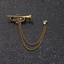 Trumpet British Style Alloy Crystal Rhinestone Hanging Chain Brooch, Golden, Trumpet, 140mm