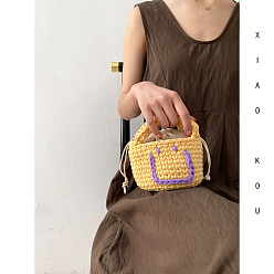 Yellow finished bag small to send inner bag + pearl chain smile smiling face bag hand-woven bag diy material bag cloth strip wool crochet homemade hand bag female