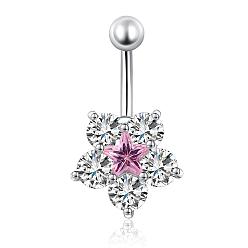 Light Rose Piercing Jewelry Real Platinum Plated Brass Star Flower Rhinestone Navel Ring Belly Rings, Light Rose, 29x16mm, Bar Length: 3/8"(10mm), Bar: 14 Gauge(1.6mm)