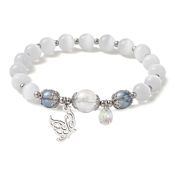 Stainless Steel Color Cat Eye Beaded Stretch Bracelet with 201 Stainless Steel Butterfly Charms, Stainless Steel Color, Inner Diameter: 2 inch(5.1cm)