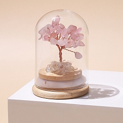 Rose Quartz Natural Rose Quartz Chips Tree of Life Decorations, Mini Wooden & Glass Base with Copper Wire Feng Shui Energy Stone Gift for Home Office Desktop Decoration, 52x77mm