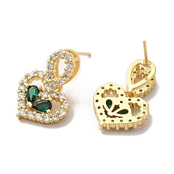 Green Cubic Zirconia Heart Stud Earrings, Rack Plating Real 18K Gold Plated Brass Jewelry for Women, Cadmium Free & Lead Free, Green, 13x14.5mm, Pin: 1mm