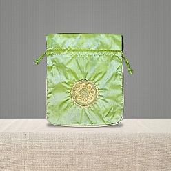 Light Green Chinese Style Brocade Drawstring Gift Blessing Bags, Jewelry Storage Pouches for Wedding Party Candy Packaging, Rectangle with Flower Pattern, Light Green, 18x15cm