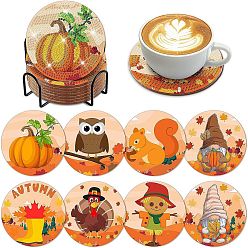 Pumpkin Autumn DIY Coaster Diamond Painting Kit, Including Resin Rhinestones Bag, Diamond Sticky Pen, Tray Plate and Glue Clay, Holder, Pumpkin, Coaster: 100mm
