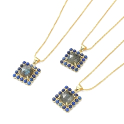 Labradorite Natural Labradorite & Lapis Lazuli Rectangle Pendant Necklace, Real 18K Gold Plated Brass Jewelry, 17.48~17.68 inch(44.4~44.9cm)