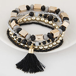 Black Bohemian Style Handmade Multilayer Bracelet with Beads and Tassels