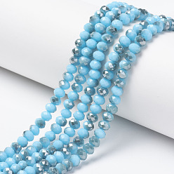 Sky Blue Electroplate Opaque Glass Beads Strands, Half Gray Plated, Faceted, Rondelle, Sky Blue, 8x6mm, Hole: 1mm, about 65~68pcs/strand, 15.7~16.1 inch(40~41cm)