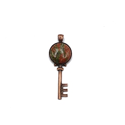 Unakite Natural Unakite Big Pendants, Red Copper Plated Alloy Key Charms, 62x22mm