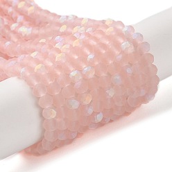 Pink Transparent Glass Beads Strands, Faceted, Frosted, Half AB Color Plated, Rondelle, Pink, 4~4.5x3.5~4mm, Hole: 1mm, about 117~121pcs/strand, 16.61~16.73 inch(42.2~42.5cm)