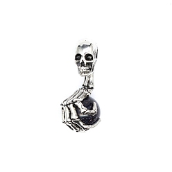 Blue Goldstone Halloween Skull Synthetic Blue Goldstone Alloy Pendants, Skeleton Hand Charms with Gems Sphere Ball, Antique Silver, 43x19mm