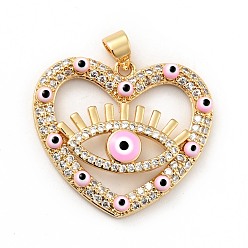 Pearl Pink Rack Plating Brass Micro Pave Clear Cubic Zirconia Pendants, with Enamel, Cadmium Free & Lead Free, Heart with Evil Eye, Real 18K Gold Plated, Pearl Pink, 24.5x27x4.5mm, Hole: 3x3.7mm