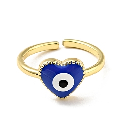 Medium Blue Enamel Heart with Evil Eye Open Cuff Ring, Gold Plated Brass Jewelry for Women, Cadmium Free & Lead Free, Medium Blue, US Size 7(17.3mm)