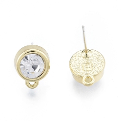 Light Gold Rack Plating Alloy Crystal Rhinestone Stud Earring Findings, with Horizontal Loop and 304 Stainless Steel Steel Pin, Flat Round, Cadmium Free & Nickel Free & Lead Free, Light Gold, 13x10.5mm, Hole: 1.2mm, Pin: 0.6mm