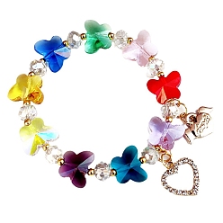 Colorful Butterfly Glass Beaded Stretch Bracelets, with Metal Heart Charms, Colorful, Wide: 14mm