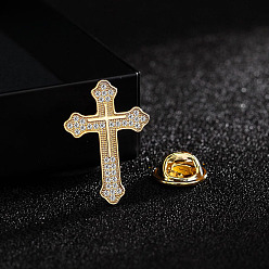Golden Religion Cross Rhinestone Pin, Alloy Brooch for Backpack Clothes, Golden, 26x18mm