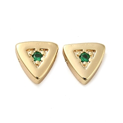 Dark Green Real 18K Gold Plated Brass Micro Pave Cubic Zirconia Bead, Triangle, Dark Green, 7.5x8x3.5mm, Hole: 1mm