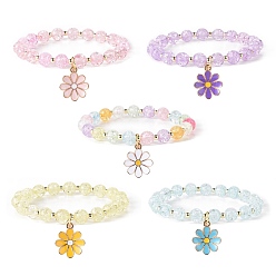Mixed Color Alloy Enamel Flower Charm Bracelets, Transparent Crackle Acrylic Stretch Bracelets for Women, Mixed Color, Inner Diameter: 2-1/4 inch(5.6cm)