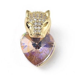 Lilac Real 18K Gold Plated Rack Plating Brass Micro Pave Clear Cubic Zirconia Pendants, with Glass, Long-Lasting Plated, Cadmium Free & Lead Free, Leopard with Heart Charm, Lilac, 20x12x10.5mm, Hole: 5x4mm
