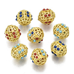 Mixed Color Brass Beads, with Resin, Hollow, Column, Matte Style, Matte Gold Color, Mixed Color, 10.5x10x9mm, Hole: 1.5mm