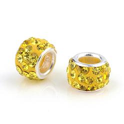 Citrine Polymer Clay Rhinestone European Beads, Large Hole Beads, Rondelle, with Silver Color Plated Brass Cores, Citrine, 10~12x7~8mm, Hole: 5mm