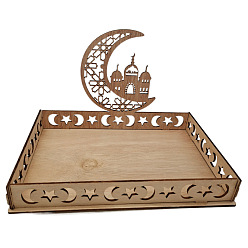 Castle Eid Mubarak Wooden Ornaments, Ramadan Wood Tabletop Decoration, Moon, Castle Pattern, 150x225x150mm