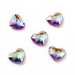 Heliotrope K9 Glass Rhinestone Cabochons, Flat Back & Back Plated, Faceted, Heart, Heliotrope, 6x5x2mm