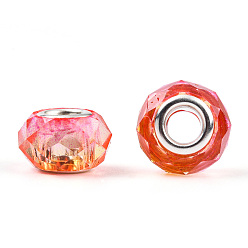 Salmon Transparent Resin European Beads, Imitation Crystal, Two-Tone Large Hole Beads, with Silver Tone Brass Double Cores, Faceted, Rondelle, Salmon, 14x8.5mm, Hole: 5mm