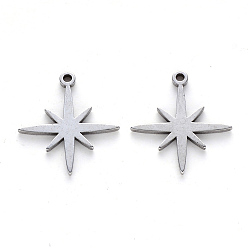 Stainless Steel Color 304 Stainless Steel Pendants, Laser Cut, Eight Pointed Star, Stainless Steel Color, 15x15x1mm, Hole: 1.2mm