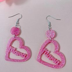 Бледно-Розовый Акриловые серьги-подвески ко Дню матери, сердце со словом мама, платина, розовый жемчуг, 75x40 мм