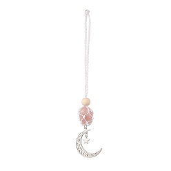 Rose Quartz Moon 201 Stainless Steel Pendant Decorations, Wood Beads and Natural Rose Quartz Nuggets Beads Nylon Thread Hanging Ornament, 165~171mm