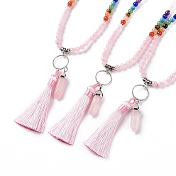 Rose Quartz Natural Rose Quartz Bullet & Tassel Pendant Necklace with Mixed Gemstone Beaded Chains, Chakra Yoga Jewelry for Women, 25.98 inch(66cm)