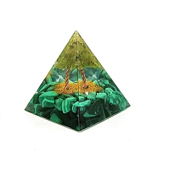 Malachite Orgonite Pyramid Resin Energy Generators, Reiki Synthetic Malachite & Natural Peridot Chips Tree of Life for Home Office Desk Decoration, 50mm