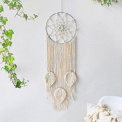 Old Lace Woven Net/Web with Leaf Macrame Cotton Wall Hanging Decorations, with Iron Ring, for Garden, Wedding, Lighting Ornament, Old Lace, Ring: 250mm