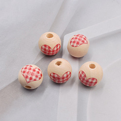 Red Valentine's Day Wood European Beads, Large Hole Bead, Round with Tartan Love Heart, Red, 16mm, Hole: 4mm