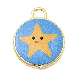 Звезда Латунные подвески с принтом, плоские круглые прелести, долговечный, реальный 18 k позолоченный, звезда, 20x17x3 мм, отверстие : 3x3 мм