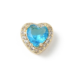 Темно-Голубой Латунные бусины, сердце, с микропаве из кубического циркония и кристаллического циркония, без кадмия и без свинца, мар, золотые, глубокое синее небо, 9x10x7 мм, отверстие : 2/3x2 мм